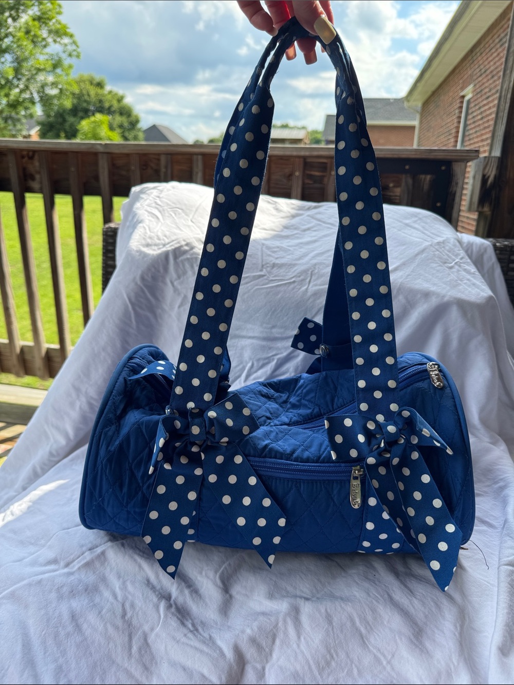Blue Quilted Polka Dot Bow Tote Bag